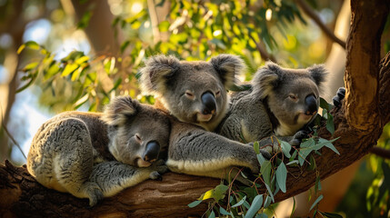 Group of koalas resting in eucalyptus trees, showcasing the laid-back and charming nature of these iconic Australian marsupials, animals, koalas, hd, with copy space