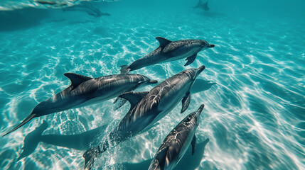 Tranquil scene of a pod of dolphins swimming in crystal-clear waters, showcasing the beauty and intelligence of these marine mammals, animals, dolphins, hd, with copy space