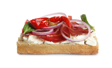 Delicious sandwich with bresaola, cream cheese, onion and chili pepper isolated on white