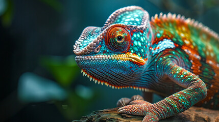 Fototapeta premium Close-up of a curious chameleon blending into its surroundings, illustrating the adaptability and camouflage skills of these reptiles, animals, chameleon, hd, with copy space