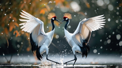 Pair of red-crowned cranes engaged in an intricate dance, representing grace and beauty in the avian world, animals, red-crowned cranes, hd, with copy space - obrazy, fototapety, plakaty