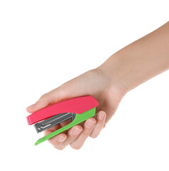Woman holding bright stapler on white background, closeup