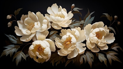 Beautiful white peony flowers on a black background. Vector illustration.