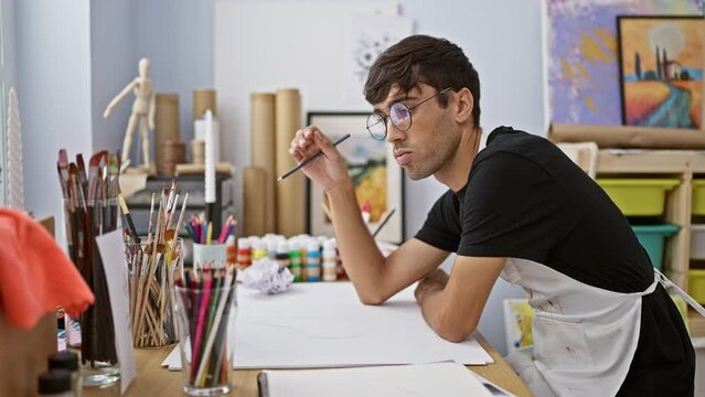 Exhausted young hispanic man, an art student, immersed in his drawing, leans on studio table, struggling with creativity, surrounded by paints, brushes, and canvas.