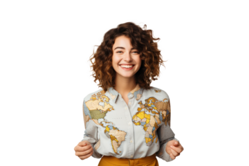 Joyful woman in world map shirt against transparent background