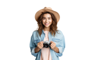Joyful young woman with camera ready to capture moments against transparent background