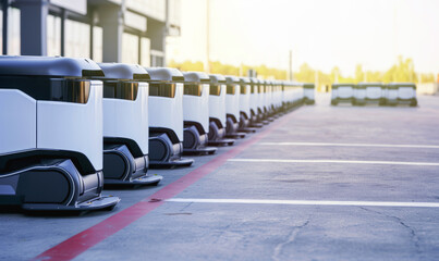 A row of automated smart guided vehicle, modern intelligent delivery robots standing in the parking lot waiting for an order. Generative AI - obrazy, fototapety, plakaty