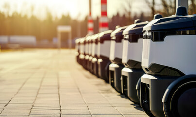 Obraz premium Automated intelligent guided vehicle, intelligent delivery robots stand in a row in a parking lot waiting for an order. Generative AI.