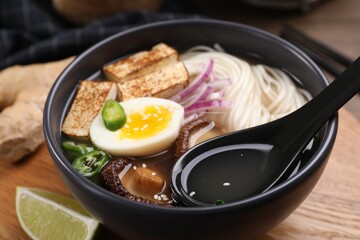 Delicious vegetarian ramen in bowl on wooden table, closeup