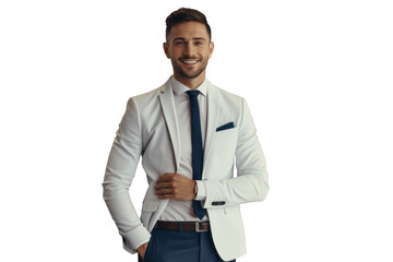 Confident salesman at luxury car showroom against transparent background