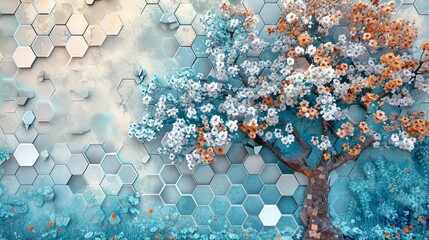 Elegant 3D mural on wooden oak with white lattice tiles, tree in turquoise, blue, brown dreamy backdrop, colorful hexagon pattern, floral setting.