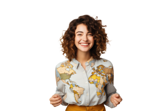 Joyful woman in world map shirt against transparent background