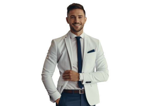 Confident salesman at luxury car showroom against transparent background
