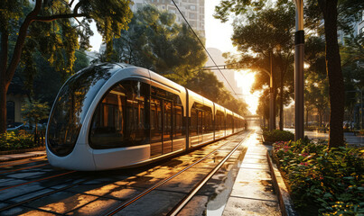 Futuristic public transport next to green space. A modern city tram on the background of a metropolis. Generative AI