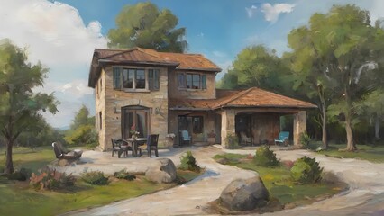 Obraz premium Frame Art, TV Art, two-story wooden house with a peaceful atmosphere, old house, vintage oil painting, printable digital art