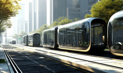 Futuristic public transport on rails. Modern cars of the city tram on the background of the metropolis. Generative AI