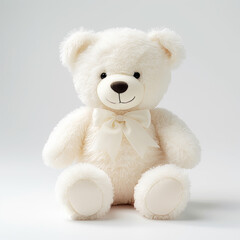 A white teddy bear sits on a white background, looking at the camera. It has a bow on its neck and is wearing a white shirt.
