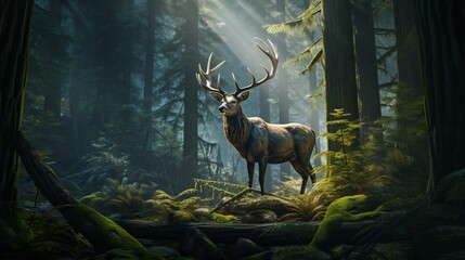 Majestic Elk with Impressive Antlers Roaming Through Lush Forest Canopy - AI-Generative - obrazy, fototapety, plakaty