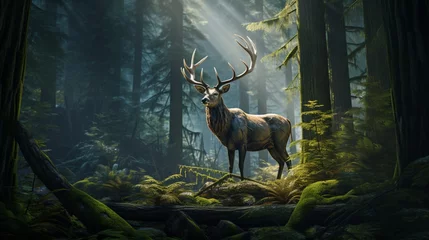 Poster Majestic Elk with Impressive Antlers Roaming Through Lush Forest Canopy - AI-Generative © Being Imaginative