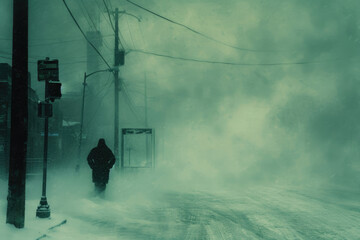 A man walks through a winter city, a sharp squall wind knocks him off his feet, signs and telegraph poles fall, a blizzard blows