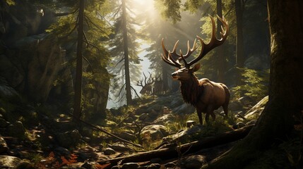 Majestic Elk with Impressive Antlers Roaming Through Lush Forest Canopy - AI-Generative