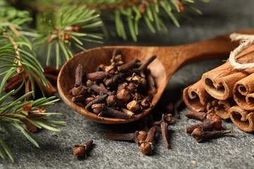 Wooden spoon with different spices and fir branches on gray table, closeup