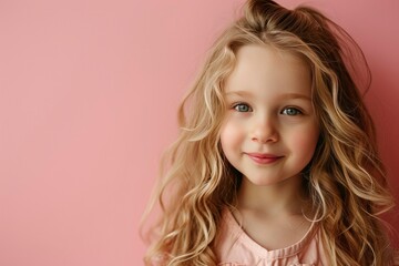 Face fashion little girl or kid in your web site. Little girl face portrait in fashionable dress on pink. Hairdresser and shampoo. Beauty and fashion, childhood, healthy hair