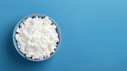 Cottage cheese in a bowl on a blue background, top view	
