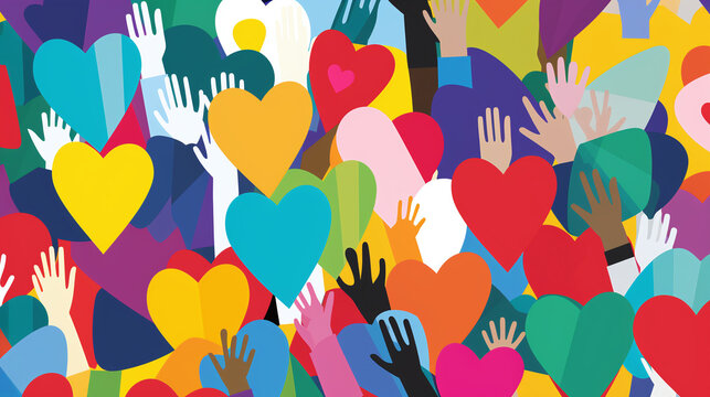 Multicolored hearts and hands in unity - generative AI