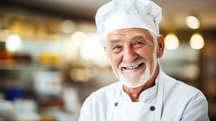 Elderly Chef Beaming Under Chefs Hat, in Kitchen Setting