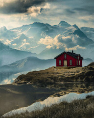 AI-Generated Image of a Quaint Red Wooden Mountain Cabin