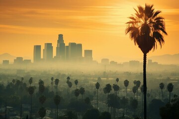 Los Angeles skyline, palm trees. Generative AI