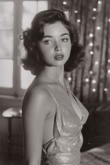photo portrait closeup of a brunette woman dancing in a living room in 1950, vintage photo, she is wearing a 50s outfit, 50s makeup