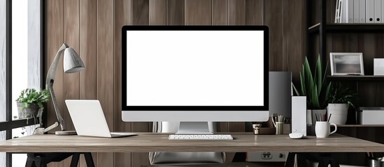 white PC computer screen on a minimalist and elegant office table.