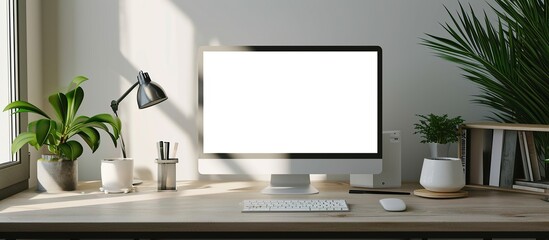 white PC computer screen on a minimalist and elegant office table.