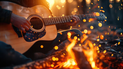 Close-up of an acoustic guitar in a musician's lap, blurred background of a bonfire