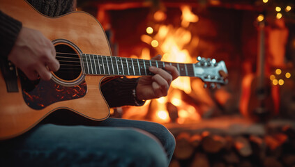 Obraz premium Close-up of an acoustic guitar in a musician's lap, blurred background of a bonfire