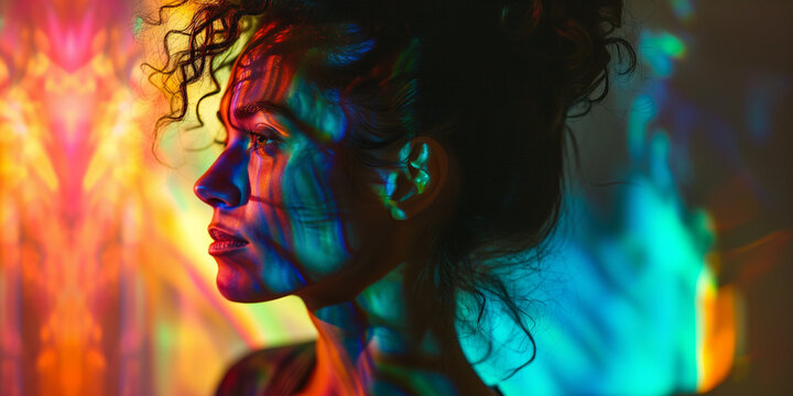 Young adult female with curly hair, bathed in vibrant neon lights, appears contemplative, amidst a backdrop of vivid colors