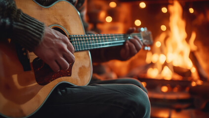 Fototapeta premium Close-up of an acoustic guitar in a musician's lap, blurred background of a bonfire