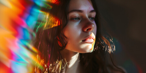 Fototapeta premium Thoughtful young lady basked in a spectrum of rainbow lights, her gaze lost in a tranquil daydream