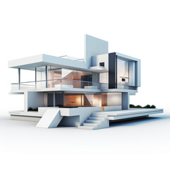 3D illustration, architecture, box style, modern three-storey house, white, gray roof. Rendering on isolate background.