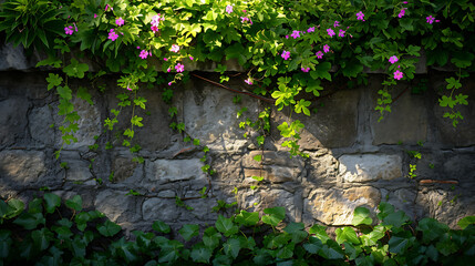 Folhagem verde exuberante cai pelos lados de um muro de pedra envelhecida criando uma atmosfera serena e encantadora