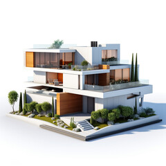 3D illustration, architecture, box style, modern three-storey house, white, gray roof. Rendering on isolate background.