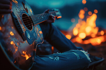 Naklejka premium Close-up of an acoustic guitar in a musician's lap, blurred background of a bonfire
