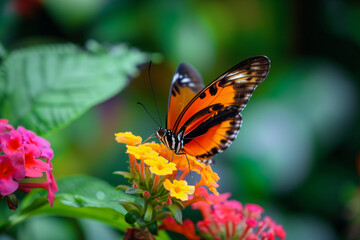 Fototapeta na wymiar Close-up of a butterfly perched on a vibrant flower in a garden