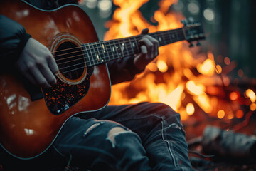 Fototapeta premium Close-up of an acoustic guitar in a musician's lap, blurred background of a bonfire