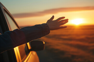 Road trip concept - hand held out of an open window, sunset in the foreground