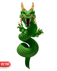 Chinese traditional green wood dragon realistic 3d cartoon style. Vector illustration
