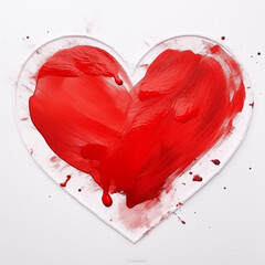 Red paint in shape of a heart on white paper background. Flat lay. Love concept.