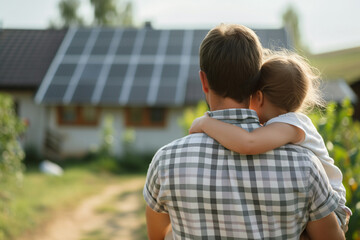 Rear view of dad holding her little girl in arms and showing solar panels